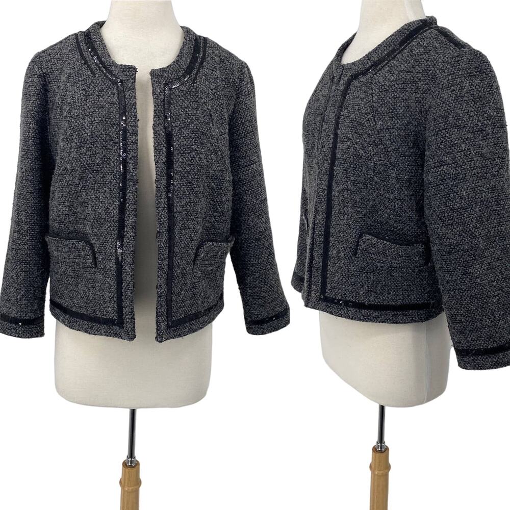 Cynthia Rowley Sweater Coat Tweed Wool Collarless Sequined Piping Grey Womens L